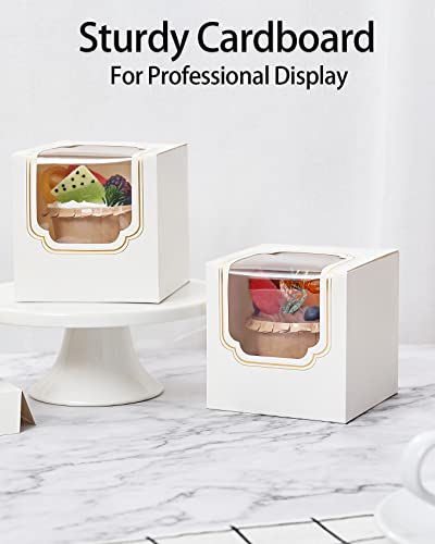Happyhiram Gold Foil Cupcake Boxes 100 Pcs Bulk, Individual Cupcake Box for Graduation Party Single Cupcake Containers Cardboard Holders with Window and Insert Cocoa Bombs Packaging Togo Boxes - color: Gold White, size: 100-Count