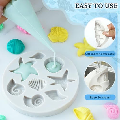 HKNMTT Marine Themed Silicone Mold for Polymer Clay Fondant, Seashell Mermaid Tail Starfish Ocean Seahorse Air Dry Clay Craft Cake Decor Wax Melt Chocolate Candy Mould DIY Cupcake Toppers BPA Free - style: Ocean - 4PCS