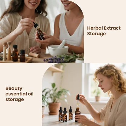 UPBUD 63 Pcs 1oz Amber Glass Dropper Bottles with Measurement, 30ml Leakproof Tincture Bottles with Funnels, Eye Droppers, Extra Caps & Labels, Refillable Empty Bottle for Tinctures, Essential Oils - color: Amber-1oz, size: 1oz