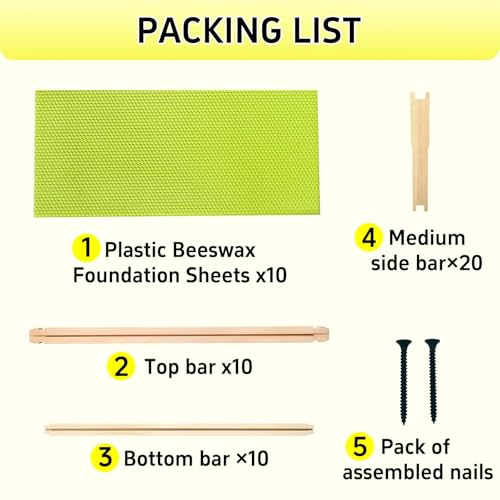 10 Pack Deep Frames for Bee Hives Unassembled Deep Wood Bee Frames with Food Grade Beeswax Coated Foundations Sheets Kit for Beehives, 9-1/8-inch, Green