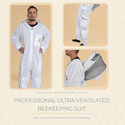 3-Layer Ventilated Bee Suit for Men and Women, Protective Beekeeping Suit with Bee Gloves and Detachable Fencing Veil, YKK Brass Zippers (Medium) - size: Medium