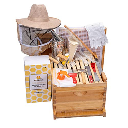 Honey Lake 10 Frame Beehive Starter Kit and Beekeeping Supplies Tool Kit, Beeswax Coated Assembled Deep Bee Box, Bee Hive Starter Kit with Beehive Frames & Bee Smoker and Beekeeping Hat with Veil - size: 10-Frame