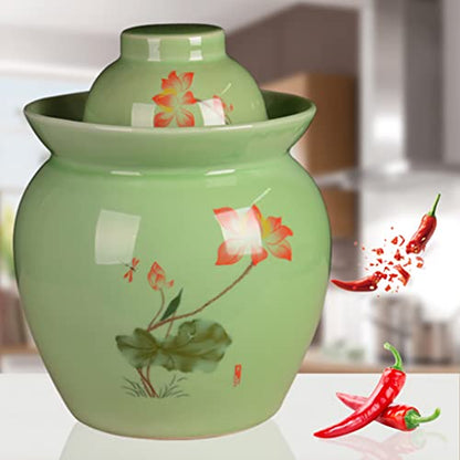 ZHOUXIAO Green Traditional Chinese Ceramic Fermenting Jar Fermentation Crock Food Storage Containers Pickle Jars with Water Seal Airlock Lid Sealing Jars for Sauerkraut 0.75KG