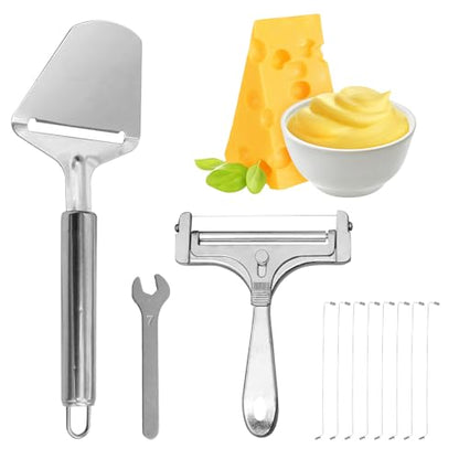 6 Pcs Cheese Slicer Set with Wire Cutter & Spatula, Matte Silver Stainless Steel Cheese Cutter for Block Cheese, Adjustable Handheld Cheese Slicer for Kitchen Butter Sandwich Making (Includes 8 Wires)