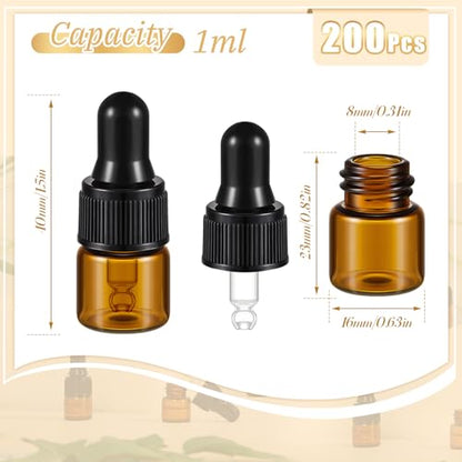 Didaey 200 Pcs 1/2/3/5/10/15 ml Mini Glass Oil Dropper Bottle Bulk, Clear Essential Small Empty Bottles Sample Containers Perfume Liquid Vials with Cap for Traveling (1 ml,Amber) - color: Amber, size: 1 ml