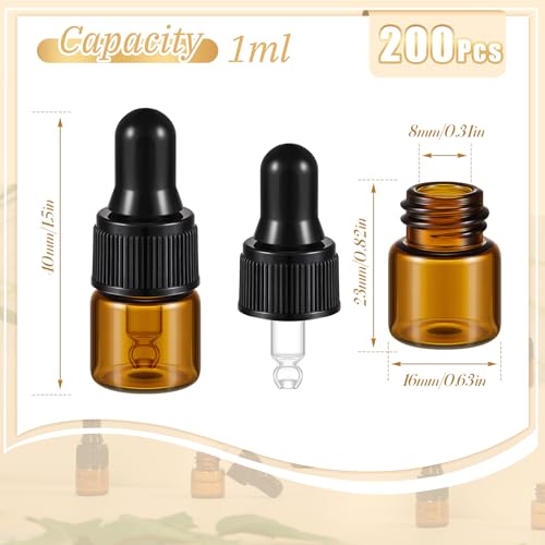 Didaey 200 Pcs 1/2/3/5/10/15 ml Mini Glass Oil Dropper Bottle Bulk, Clear Essential Small Empty Bottles Sample Containers Perfume Liquid Vials with Cap for Traveling (1 ml,Amber) - color: Amber, size: 1 ml