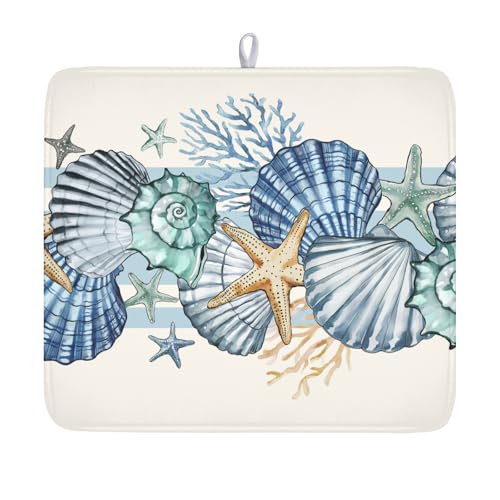 Summer Sea Shell Drying Mat 18x16 Inch, Starfish Drying Mat with Absorbent Reversible Microfiber, Coastal Dish Drainer Mats Holiday Ocean Rack Pad for Coffee Countertop Kitchen Protector - color: White Blue Teal, size: 18" x 16"