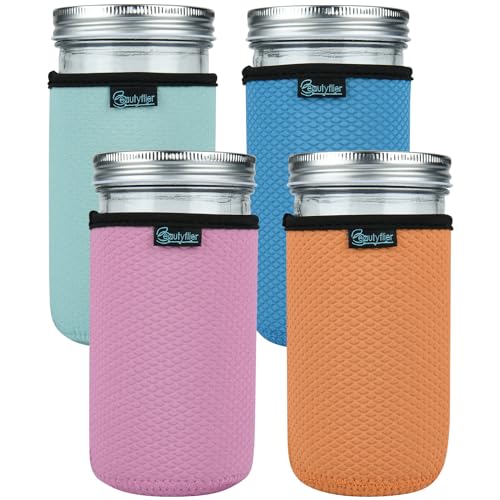 Beautyflier Wide Mouth Mason Jars 24oz Insulators, Wide Mouth Canning Jars Insulated Cozy, Overnight Oats Containers Neoprene Canning Cover, 24oz Mason Jars Drinking Glasses Sleeve Cover, 4 Color - color: 24oz,4Color