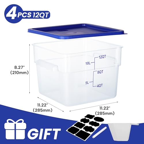 BIEAMA 4 Pack Food Storage Containers, 12 Quart with Lids, Square Commercial Containers with Scale, NSF, Polycarbonate, Clear - color: 12Qt-4 Pack(Blue Lids)
