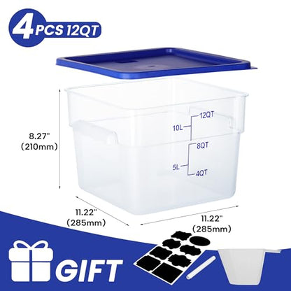BIEAMA 4 Pack Food Storage Containers, 12 Quart with Lids, Square Commercial Containers with Scale, NSF, Polycarbonate, Clear - color: 12Qt-4 Pack(Blue Lids)