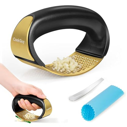 Cook Guy 304 Stainless Steel Garlic Press Rocker Set - Premium Garlic Mincer, Crusher, Peeler, and Scraper Tool for Effortless Mincing - Comfortable Grip Garlic Grinder (Gold) - color: Gold