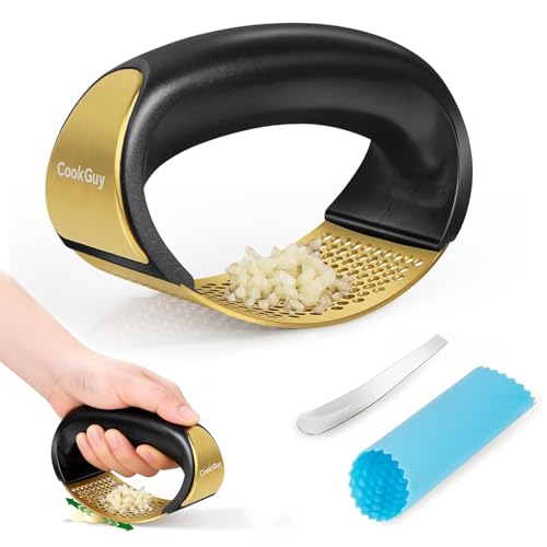 Cook Guy 304 Stainless Steel Garlic Press Rocker Set - Premium Garlic Mincer, Crusher, Peeler, and Scraper Tool for Effortless Mincing - Comfortable Grip Garlic Grinder (Gold) - color: Gold