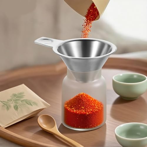 304 Stainless Steel Spice Funnel with Handle, Wide Mouth Canning Funnels Collection Kitchen Spice Jar Oil Bottle Funnel Spill-Free Metal Funnels for Salt Pepper Condiment Sauce 0.91" Bottom