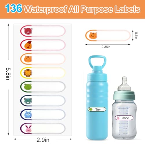 Name Label Stickers for Kids Toddlers School Stuff Supplies & Daycare Baby Bottles, Waterproof and Washable Back to School Name Labels - Easy Peel and Stick,Pack of 136. - color: Animal