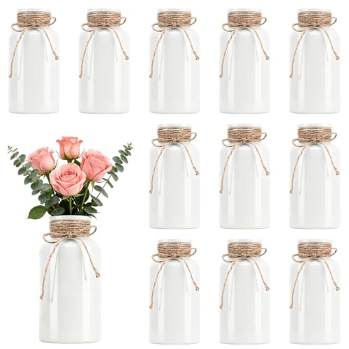 Vintage Glass Flower Vase, Farmhouse Glass Centerpiece Vases Mason Jars for Weddings, Parties & Home Decor Bulk (12, White) - color: White