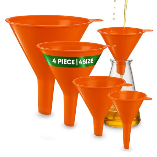 Oil Funnel Set (Orange, 4-Pack) – Plastic Funnels for Automotive Use – Funnels for Kitchen Use Filling Bottles and containers – Funnel for Water Bottles, Gas, Car Oil, Lubricants and Fluids - color: Orange