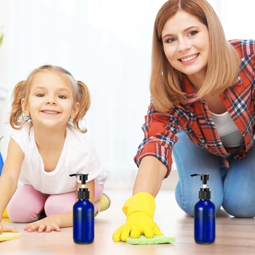 Fumete 2 Pack Glass Bottles 4oz Empty Refillable Liquid Containers with 1 Label 1 Funnel for Essential Oils Hair Travel Plants Cleaning Skin Care(Blue, Black Top,Pump Bottle) - color: Blue, Black Top, style: Pump Bottle