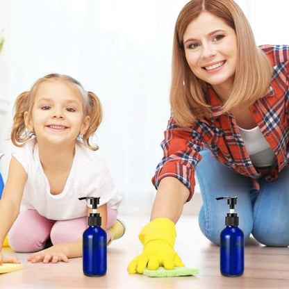 Fumete 2 Pack Glass Bottles 4oz Empty Refillable Liquid Containers with 1 Label 1 Funnel for Essential Oils Hair Travel Plants Cleaning Skin Care(Blue, Black Top,Pump Bottle) - color: Blue, Black Top, style: Pump Bottle