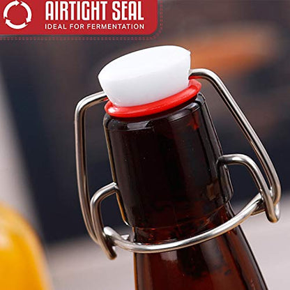 Glass Bottles, Refillable Brown Glass Storage Bottle with Swing Top Lids, Amber Iron Clasp Bottles with Stickers&Pen for Home Brewing, Drinks, Sauces, Industrial products, etc (1000ML, 8 PCS)