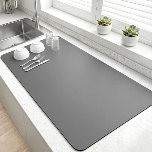 LOPNUR Kitchen Dish Drying Mat, 31.5"x17" Extra Large Dish Drying Mats for Kitchen Counter, Diatomite Coffee Mat, Super Absorbent Dish Drying Pad, Heat Resistant Mat with Anti-slip Rubber Backed, Grey - color: Gray, size: 31.5" x 17"
