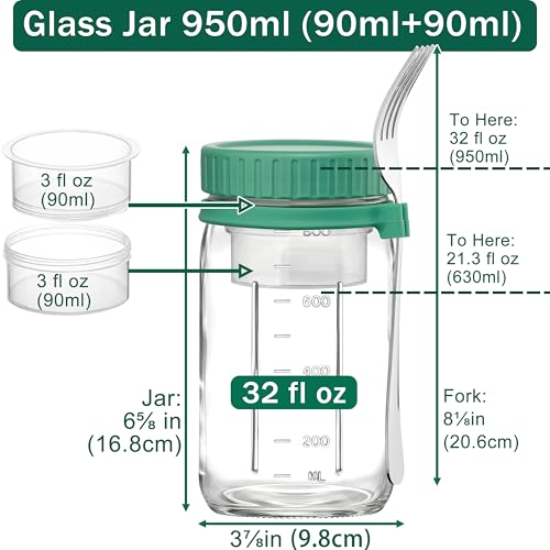 Danmu 32 oz Salad Jars with 2 Dressing Cups & Forks - Glass Mason Jar Meal Prep Containers,Wide Mouth,Leak Proof,Dishwasher Safe - Dry Wet Food Separation for Fresh Salad,Leftovers 4 Pack - color: Multicolor