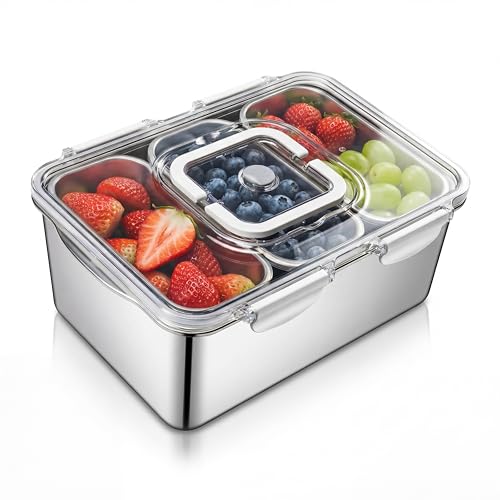 Extra Large 304 Stainless Steel Food Storage with 6 Divided Compartments & Individual Lids–240oz Meal Prep Container for Roasting Turkey, Bread, Fruits–Oven Safe, BPA Free, Dishwasher Safe - size: 7000ml + 6 Small Containers Set