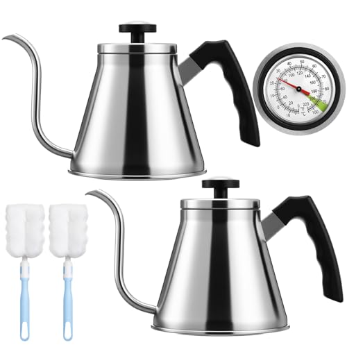 2 Pack 40 oz Gooseneck Kettle with Thermometer Stainless Steel Pour over Coffee Kettle Precision Drip Spout for Stovetop Home Kitchen Camping(Silver) - color: Sliver