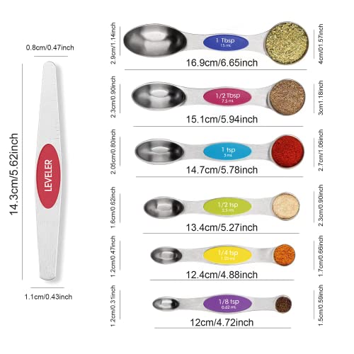 Multicolor Magnetic Measuring Spoons Set with Leveler | 7Pack, Stainless Steel, Stackable, Fits Spice Jars - For Baking Kitchen Gadgets Apartment Essentials Fits - color: Multicolor