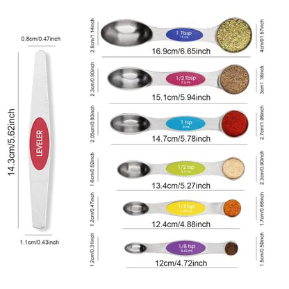 Multicolor Magnetic Measuring Spoons Set with Leveler | 7Pack, Stainless Steel, Stackable, Fits Spice Jars - For Baking Kitchen Gadgets Apartment Essentials Fits - color: Multicolor