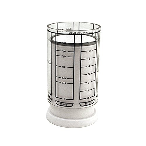 KitchenArt 1 Cup Adjust-A-Cup, Plastic, White | Plunger Measuring Cup | Measures Between 1/8 Cup to 1 Cup | Includes Conversions | Kitchen Gadget | Measures Solids & Liquids - color: White/Clear - 1 Cup