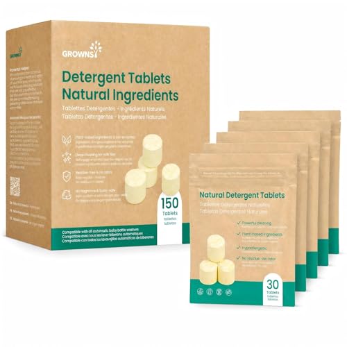 GROWNSY Bottle Washer Detergent Tablets, Plant-Based Enzyme Formula, Removes Milk Residue & Odor, Safe for Baby Bottles & Pump Parts, Compatible with All Bottle Washers, Unscented, 150 Count