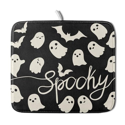 Halloween Dish Drying Mat for Kitchen Counter 16x18 Cute Ghost Black Spooky Holiday Scary Theme Absorbent Reversible Microfiber Drying Mats Kitchen Countertop Protector Dishes Drainer Pad - size: 16" x 18"