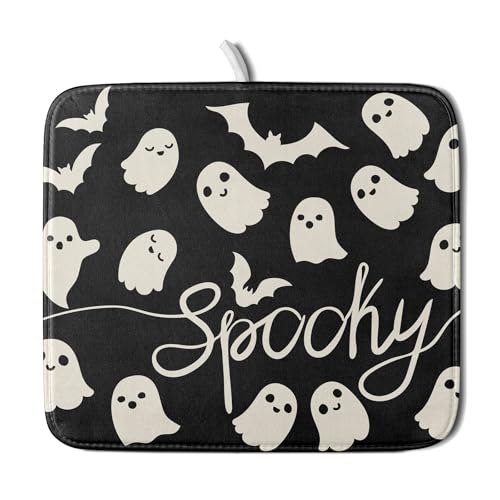 Halloween Dish Drying Mat for Kitchen Counter 16x18 Cute Ghost Black Spooky Holiday Scary Theme Absorbent Reversible Microfiber Drying Mats Kitchen Countertop Protector Dishes Drainer Pad - size: 16" x 18"
