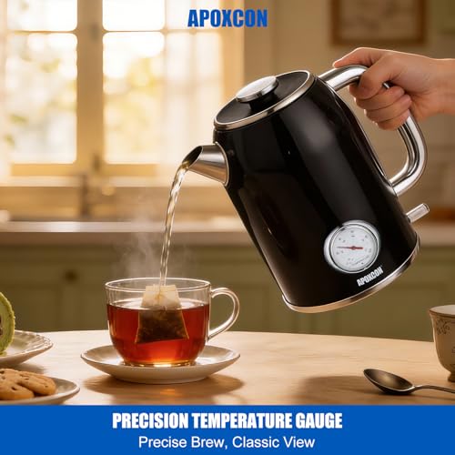 APOXCON Retro Electric Kettle with Thermometer, 1.8L Stainless Steel, Black, Cordless, 1000W Fast Boiling, Automatic Shut Off - color: Black