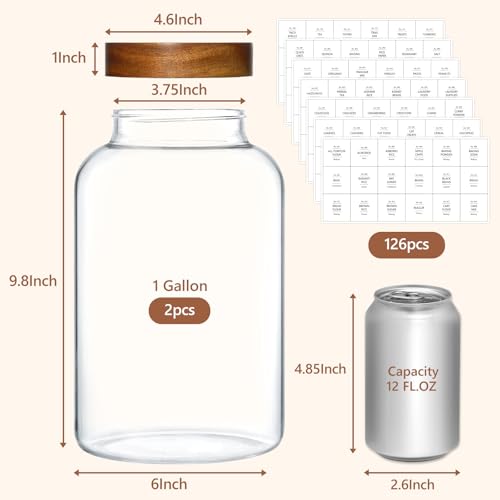 KEYWING 1 Gallon Large Glass Jars With Airtight Lid, 2Pcs Glass Food Storage Containers With Lids, Flour Rice Contianers for Pantry Kitchen Organization Egg Cookie Sugar Cereal (128 oz /3800ml) - size: 1 Gallon