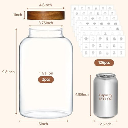 KEYWING 1 Gallon Large Glass Jars With Airtight Lid, 2Pcs Glass Food Storage Containers With Lids, Flour Rice Contianers for Pantry Kitchen Organization Egg Cookie Sugar Cereal (128 oz /3800ml) - size: 1 Gallon