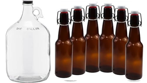 ICE N COLD 1 Gallon (128 oz) Clear Glass Jug With 38mm Cap with Pack of 6 Amber 16-20oz Growlers with Flip Top Airtight Silicone Seal For Beverages, Oil, Vinegar, Kombucha, Beer, Water, Soda, Kefir - color: 1 Clear Jug & 6 Amber Growlers