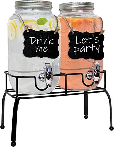 Estilo Glass Drink Dispenser for Parties - Set of 2-1 Gallon Halloween Drink Dispenser with Stand, Glass Water Dispenser Countertop for Weddings, Sun Tea Jar, Lemonade & Laundry Detergent Dispenser - style: Double w/ Stand & Labels