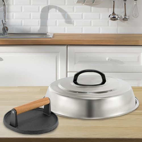 BBQ Accessories 12 Inch Round Stainless Steel Basting Cover - Cheese Melting Dome Round Cast Iron Grill Press Kit for Hamburger Bacon Steak, Best fits for Blackstone Camp Chef Flat Top Griddle Grill - color: Round Press