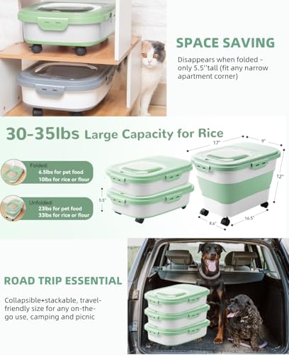 20-23 Lbs Dog Food Storage Container Airtight,Collapsible Pet Food Storage | Dog Food Container with Double Airtight Seal & Magnetic Lid,Cat Food Container with Wheels for Easy Moving,Small Jar,Scoop - color: Green&White