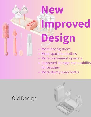 Travel Bottle Cleaner kit, 7in1 Baby Travel Gear Essential Silicone Travel Bottle Brush Set Nipple Drying Rack, Straw Breast Pump Cleaning Soap Dispenser Organizer Case Mon Gift (Pink) - color: Pink