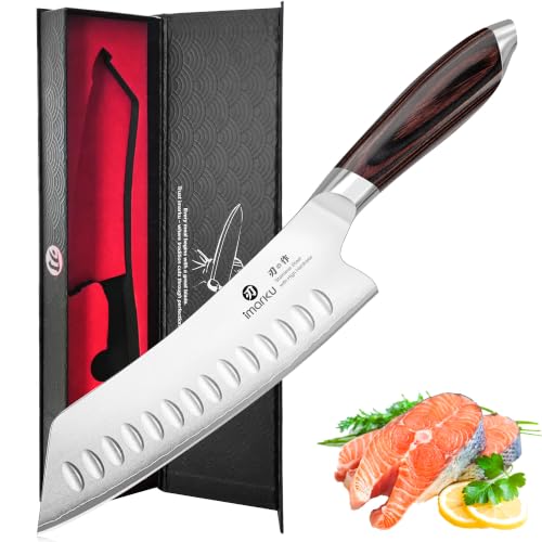 imarku Santoku Chef Knife 7 Inch, Ultra Sharp High Carbon Stainless Steel Japanese Kitchen Knife with Hollow Edge | Ergonomic Pakkawood Handle, Gift Box for Meat/Vegetables/Tomatoes & Daily Cooking - color: Arctic Silver