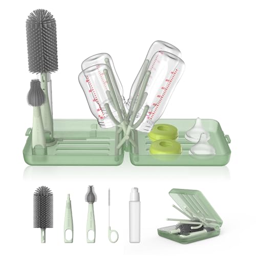 YOTIME Travel Bottle Brush Set, Auto-Open Rack & Vertical Brushs Drying Slots, 3 Brushes, Foldable Drying Rack, Dispenser, Travel Baby Essentials for On-The-Go Parents, Transparent Green - color: Transparent Green