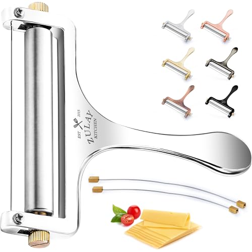 Zulay Kitchen Stainless Steel Wire Cheese Slicer - Adjustable Hand Held Cheese Cutter with 2 Extra Wires - Premium Cheese Knife for Mozzarella, Cheddar, Gruyere - Cheese Cutter with Wire (Silver) - color: Silver