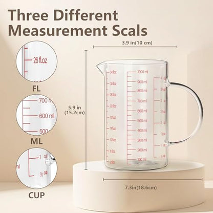 WhiteRhino Glass Measuring Cup,4Cup/1000ml/32oz Liquid Measuring Cups, Measuring Cup With Handle and V-Shaped Spout, Glass Beaker with Three Scales (OZ, Cup, ML), Dishwasher/Freezer/Microwave Safe - color: 4 Cup / 1000ml / 32oz - Glass