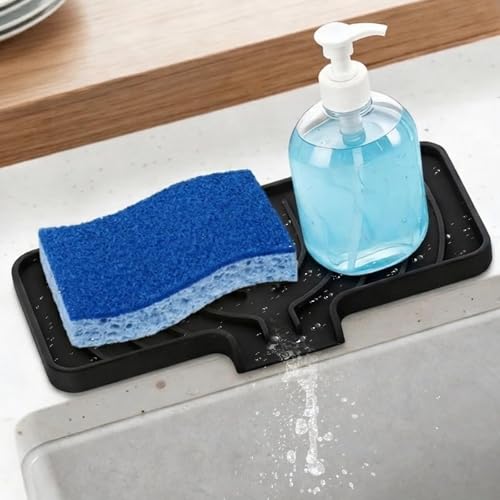 GUUKIN Sponge Holder for Kitchen Sink, Sink Caddy and Soap Tray | 10x4 inch Kitchen Sink Organizer | Compatible with Scrub Daddy, Kitchen Sink Accessories (Black) - color: Black, size: 9.8"×3.9"