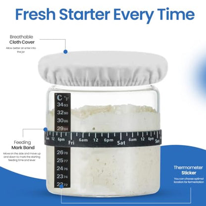 Sourdough Starter Jar Kit - Pack of 2, 35oz Wide Mouth Glass Jars for Sourdough Starter with Date Marked Feeding Scale, Thermometer, Cloth Cover, Scraper & Wooden Lid, Sourdough Jars