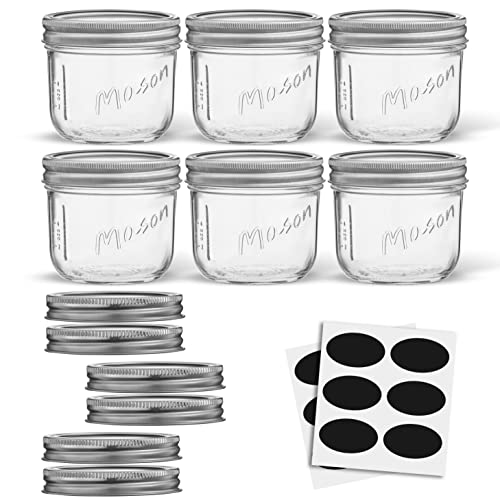 JoyJolt 8 Oz Mason Jars With Lids, Labels and Measures! 6-Pack Wide Mouth Mason Jars, Glass Jar with Lid and Band. Airtight Canning Jars, Overnight Oats Jars, Salad Jars, Sourdough Starter Jar - size: 8 Oz