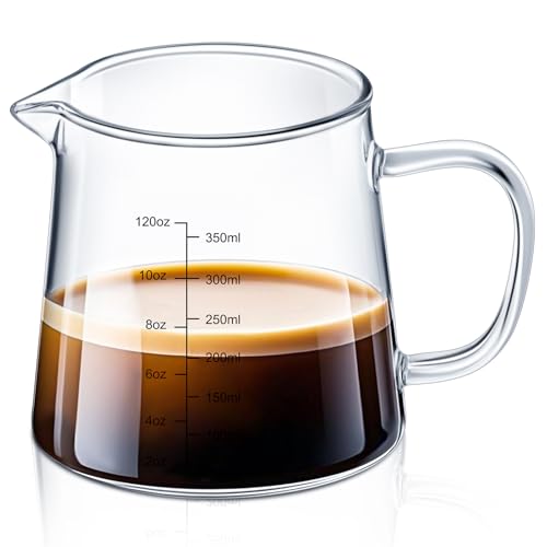 Honeydak 1 Pack 12oz Espresso Measuring Cup, Heat Resistant Glass Milk Frothing Pitcher with V-shaped Spout, Coffee Shot Glass for Latte, Microwave Dishwasher Safe, Gift for Dad Coffee Lovers