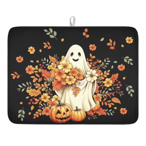 Halloween Ghost Dish Drying Mat 18x24 Orange Floral Leaves Pumpkin Black Dish Drainer Mat Waterproof Autumn Flower Leaf Cute for Kitchen Coffee Sinks Outdoor Use Keeping Dry Holiday Decoration - color: Black Halloween, size: 24" x 18"